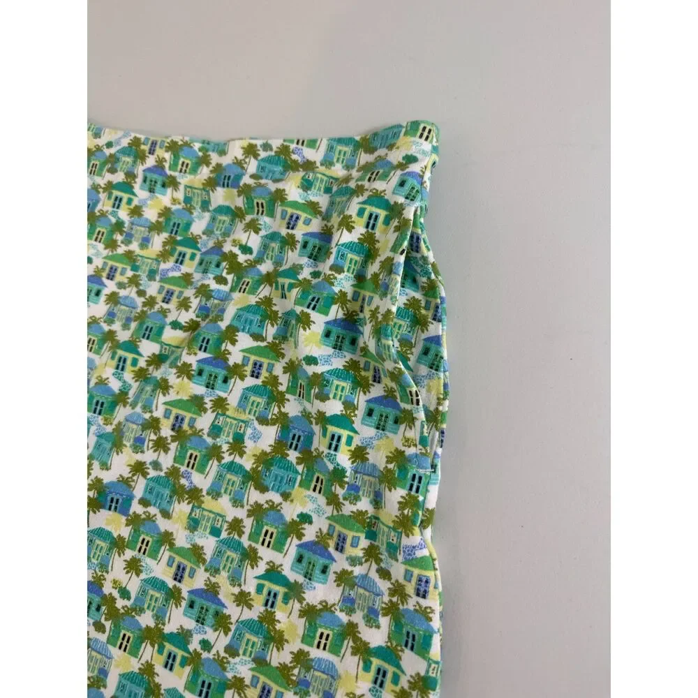 J Jill Pull On Skirt Cotton Modal Tropical Houses Palm Trees Print Women's S
